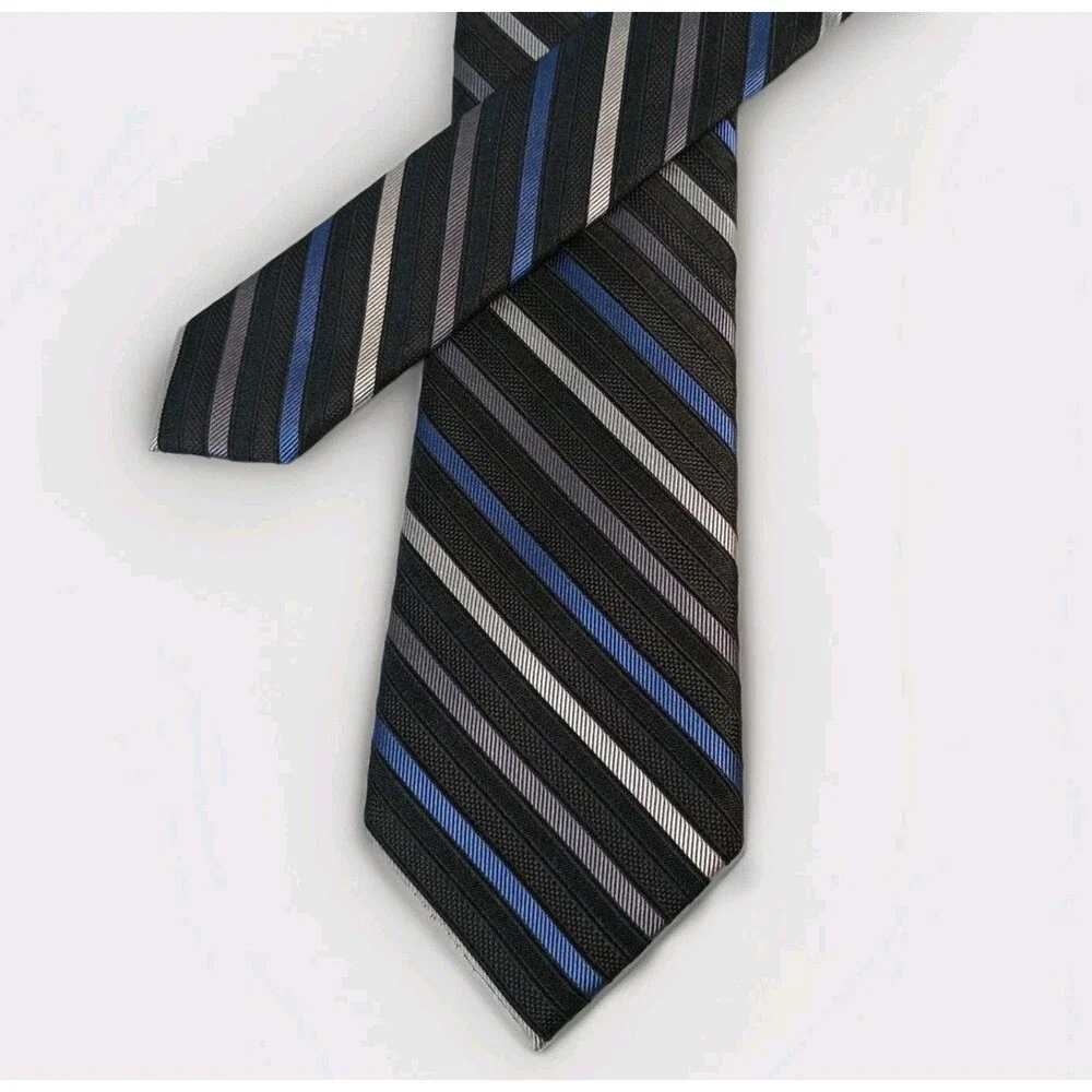 Calvin Klein REPP Stripe Tie Black Blue‎ Silver 100% Silk Men's Neck Tie 54